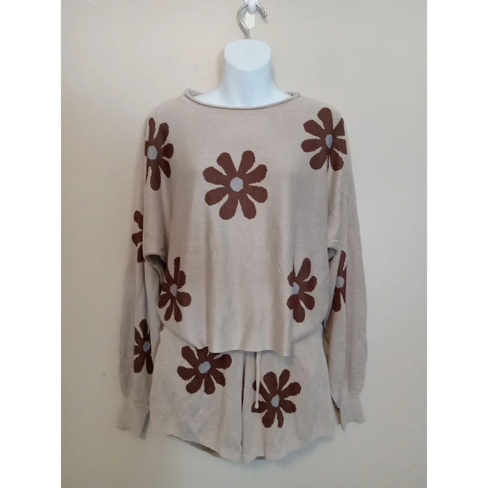 Ekouaer Light Brown Dark Sunflowers Pajama Lounge Shorts/longleeve Knit Set S